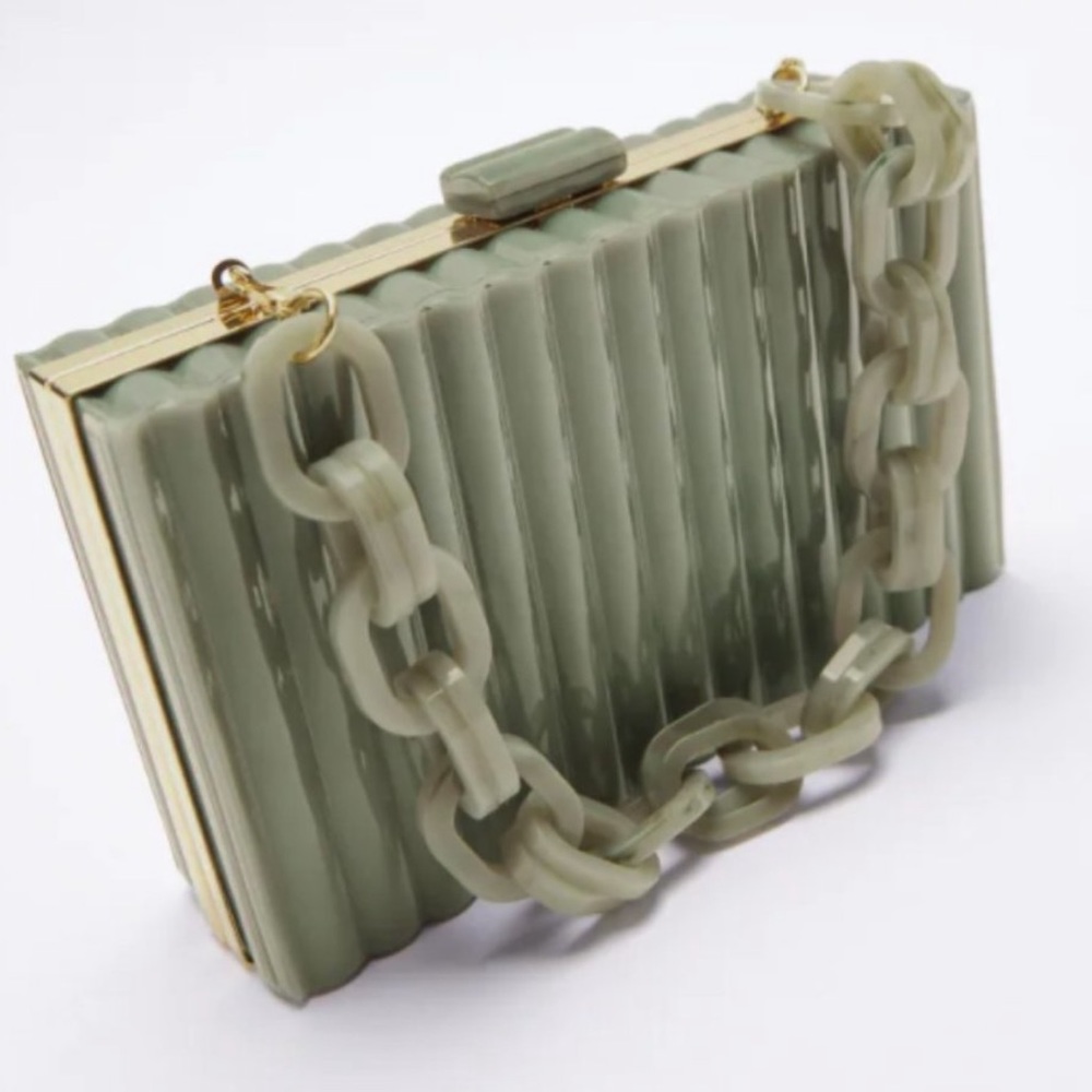 Zara Acrylic Green Box Clutch Bag w/Gold Chain - Like New